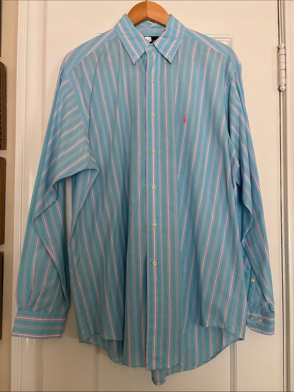 Polo by Ralph Lauren Classic Fit Turquoise & White Striped Button-Down Shirt